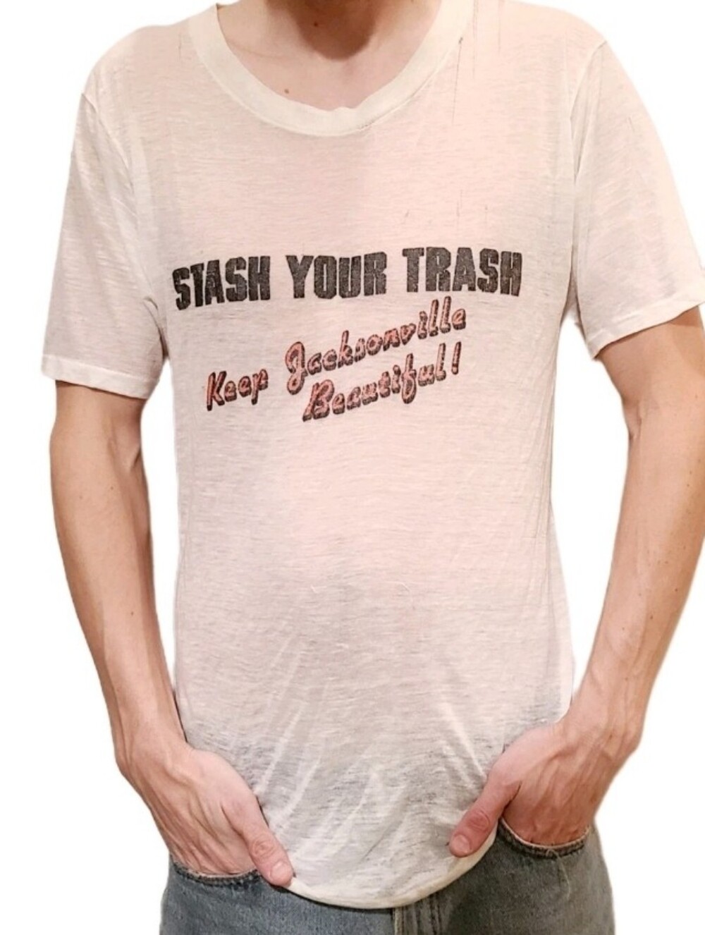 Vtg 60s Trash PSA Keep Jacksonville Beautiful T Shirt Paper Thin See Through M